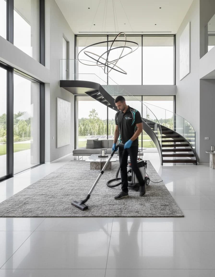 Professional APC cleaner working in a bright modern home